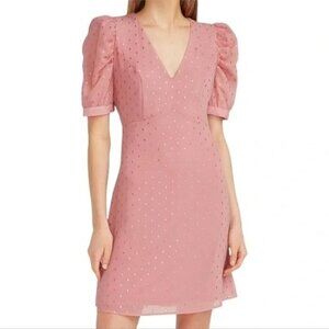 Express Pastel Pink Metallic Clip Dot Puff Sleeves Dress